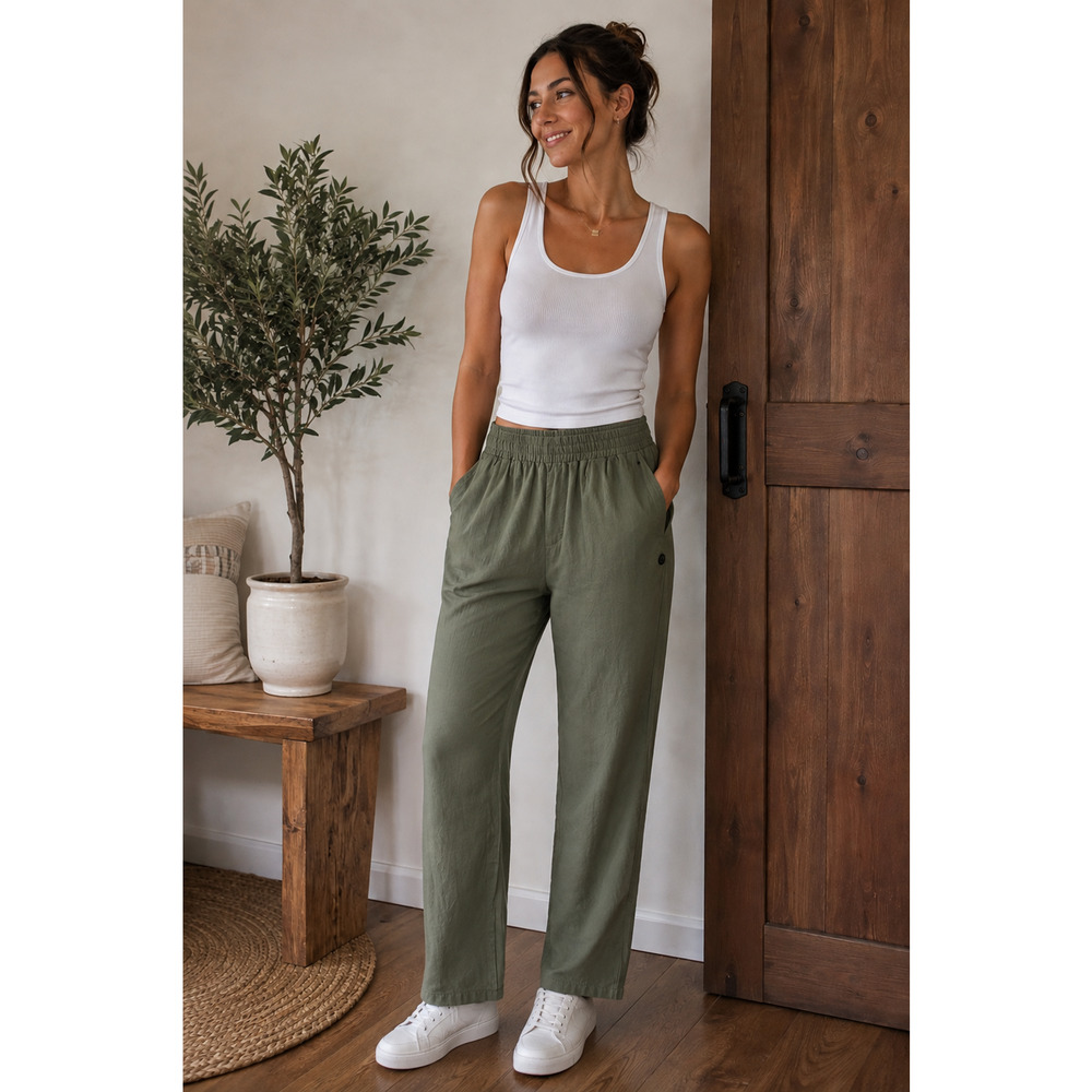 C.O.Z.Y Womens Green Cotton Crinkle Fabric Pull on Pants , Size Small